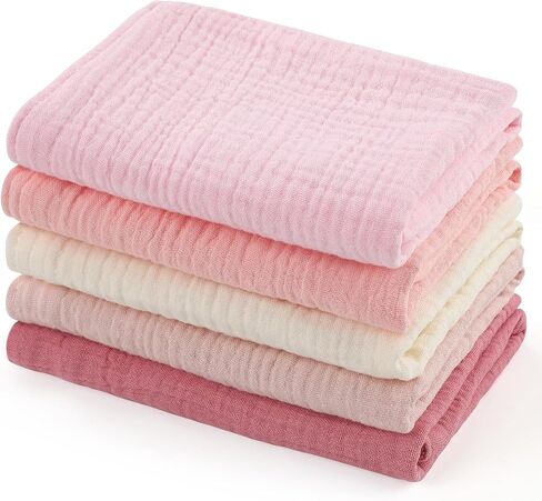 MUKIN Baby Washcloths,Muslin Burp Cloths Towels for Newborns,Absorbent Cotton Bath Face Towel ，5 Pack, 12x12 Inches (Rosy Embrace) in Kuwait