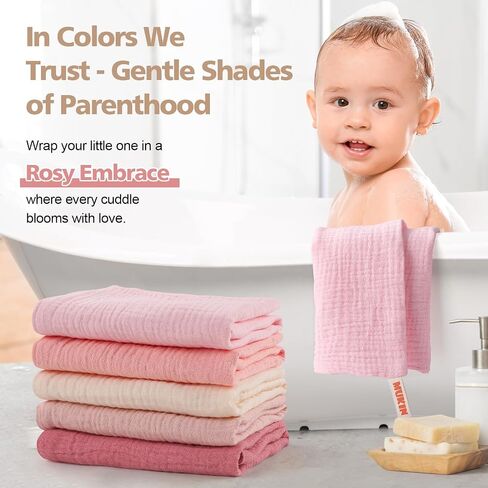 MUKIN Baby Washcloths,Muslin Burp Cloths Towels for Newborns,Absorbent Cotton Bath Face Towel ，5 Pack, 12x12 Inches (Rosy Embrace) in Kuwait