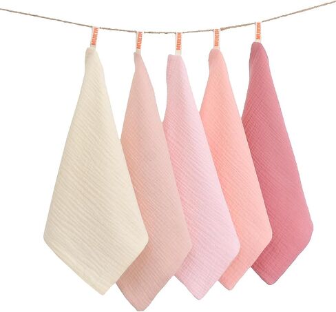 MUKIN Baby Washcloths,Muslin Burp Cloths Towels for Newborns,Absorbent Cotton Bath Face Towel ，5 Pack, 12x12 Inches (Rosy Embrace) in Kuwait