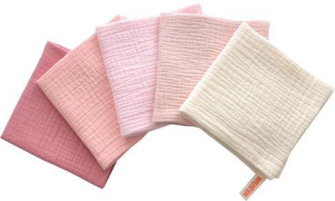 MUKIN Baby Washcloths,Muslin Burp Cloths Towels for Newborns,Absorbent Cotton Bath Face Towel ，5 Pack, 12x12 Inches (Rosy Embrace) in Kuwait
