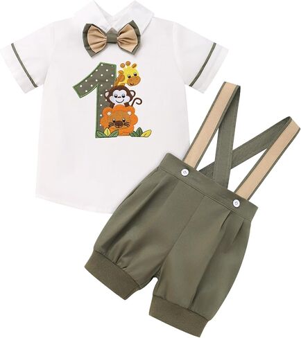 Odasdo Baby Boys Jungle Safari 1st Birthday Cake Smash Outfit قمصان قصيرة الأكمام مع مجموعة شورتات حمالات in Saudi Arabia