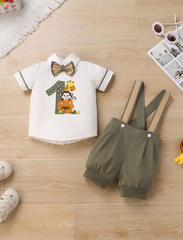 Odasdo Baby Boys Jungle Safari 1st Birthday Cake Smash Outfit قمصان قصيرة الأكمام مع مجموعة شورتات حمالات in Saudi Arabia