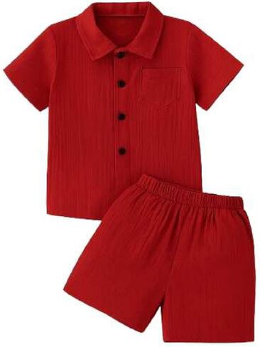 Optranest Toddler Baby Boy Close Summer Colling Block Short Sleeve Button Button Down Tops + Cotton Pants Outfit Set in Kuwait