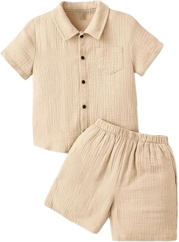 OPTRANEST Toddler Baby Boy Summer Clothes Color Block Short Sleeve Button-down Shirt Tops + Cotton Pants Outfit Set in Saudi Arabia