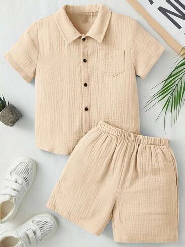OPTRANEST Toddler Baby Boy Summer Clothes Color Block Short Sleeve Button-down Shirt Tops + Cotton Pants Outfit Set in Saudi Arabia
