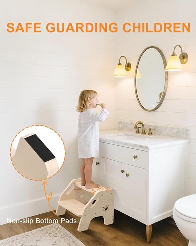 Toddler Step Stool Wooden - Height-Adjustable Kids 2 Step Stool Ladder with Cute Bear Design for Bathroom Sink Toilet Potty Training Kitchen Bedroom in Saudi Arabia