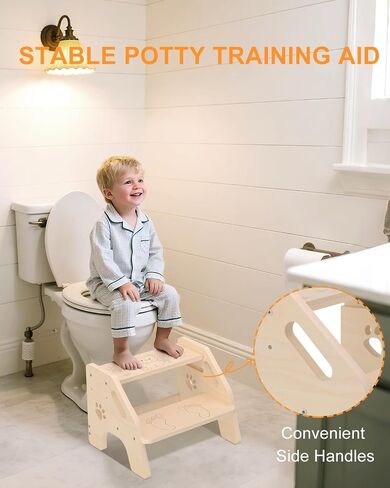 Toddler Step Stool Wooden - Height-Adjustable Kids 2 Step Stool Ladder with Cute Bear Design for Bathroom Sink Toilet Potty Training Kitchen Bedroom in Saudi Arabia