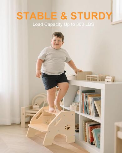 Toddler Step Stool Wooden - Height-Adjustable Kids 2 Step Stool Ladder with Cute Bear Design for Bathroom Sink Toilet Potty Training Kitchen Bedroom in Saudi Arabia