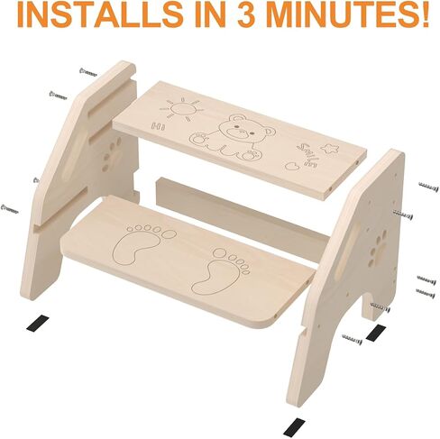 Toddler Step Stool Wooden - Height-Adjustable Kids 2 Step Stool Ladder with Cute Bear Design for Bathroom Sink Toilet Potty Training Kitchen Bedroom in Saudi Arabia