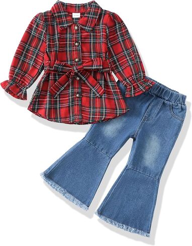 XUANHAO Baby Girl Clothes Fall Winter Toddler Outfits for Girls Flannel Plaid Shirt Tops Flare Jeans Pants Girls Clothing Set in Kuwait