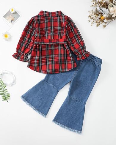XUANHAO Baby Girl Clothes Fall Winter Toddler Outfits for Girls Flannel Plaid Shirt Tops Flare Jeans Pants Girls Clothing Set in Kuwait