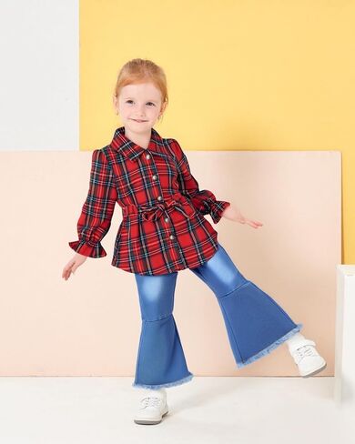XUANHAO Baby Girl Clothes Fall Winter Toddler Outfits for Girls Flannel Plaid Shirt Tops Flare Jeans Pants Girls Clothing Set in Kuwait