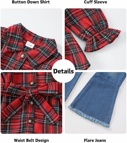 XUANHAO Baby Girl Clothes Fall Winter Toddler Outfits for Girls Flannel Plaid Shirt Tops Flare Jeans Pants Girls Clothing Set in Kuwait