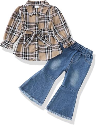 XUANHAO Baby Girl Clothes Fall Winter Toddler Outfits for Girls Flannel Plaid Shirt Tops Flare Jeans Pants Girls Clothing Set in Saudi Arabia