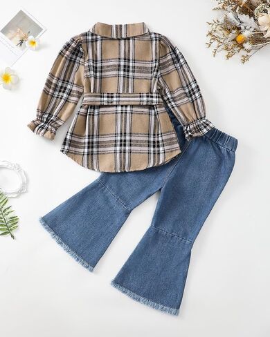 XUANHAO Baby Girl Clothes Fall Winter Toddler Outfits for Girls Flannel Plaid Shirt Tops Flare Jeans Pants Girls Clothing Set in Saudi Arabia