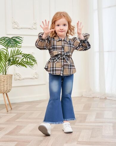 XUANHAO Baby Girl Clothes Fall Winter Toddler Outfits for Girls Flannel Plaid Shirt Tops Flare Jeans Pants Girls Clothing Set in Saudi Arabia