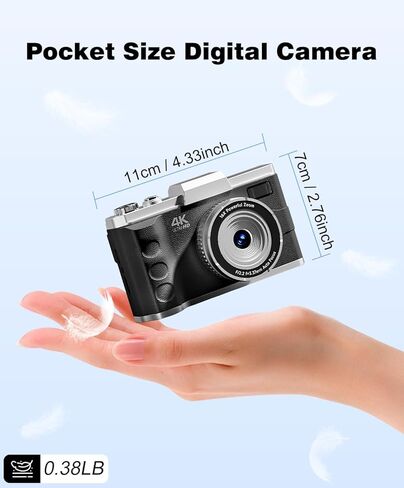 4K Digital Camera for Photography - Autofocus 64MP Vlogging Camera for YouTube Video, Dual Camera, Anti-Shake, 16X Zoom Compact Travel Cameras for Teens with 2 Batteries, 32GB Card (Black) in Kuwait