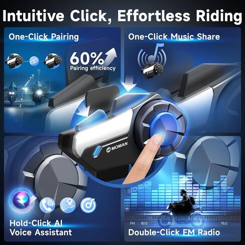 Moman Motorcycle Helmet Headset, H2Pro【1Pack Red】 Wireless Helmet Communication Voice Assistant Music Share FM IP65 Waterproof DSP&CVC Noise Cancellation, Motorbike-Wireless-Helmet-Intercom-Headset in Saudi Arabia