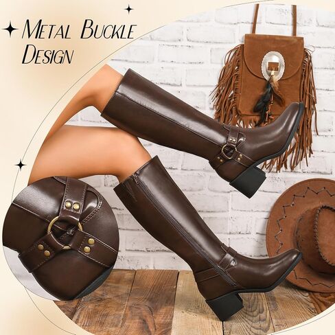 Putu Women's Knee High Boots Block Heel Riding Boots Almond Toe Fall Boots with Buckle in Kuwait