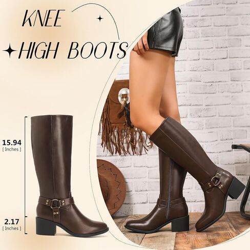 Putu Women's Knee High Boots Block Heel Riding Boots Almond Toe Fall Boots with Buckle in Kuwait