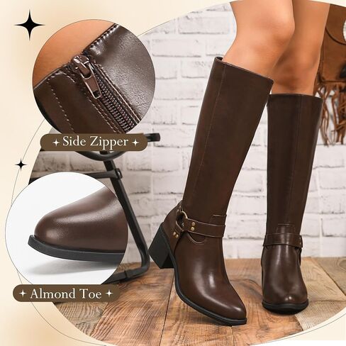 Putu Women's Knee High Boots Block Heel Riding Boots Almond Toe Fall Boots with Buckle in Kuwait