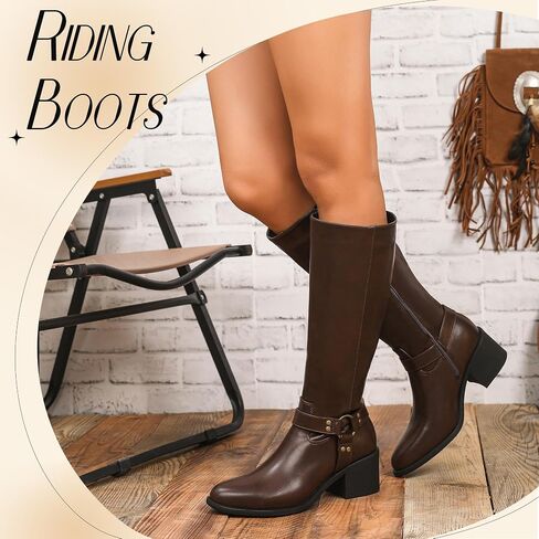 Putu Women's Knee High Boots Block Heel Riding Boots Almond Toe Fall Boots with Buckle in Kuwait