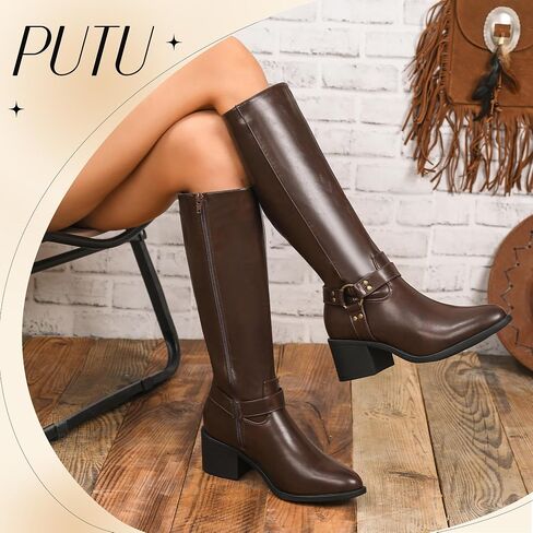 Putu Women's Knee High Boots Block Heel Riding Boots Almond Toe Fall Boots with Buckle in Kuwait