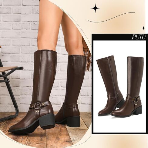 Putu Women's Knee High Boots Block Heel Riding Boots Almond Toe Fall Boots with Buckle in Kuwait