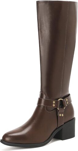 Putu Women's Knee High Boots Block Heel Riding Boots Almond Toe Fall Boots with Buckle in Kuwait