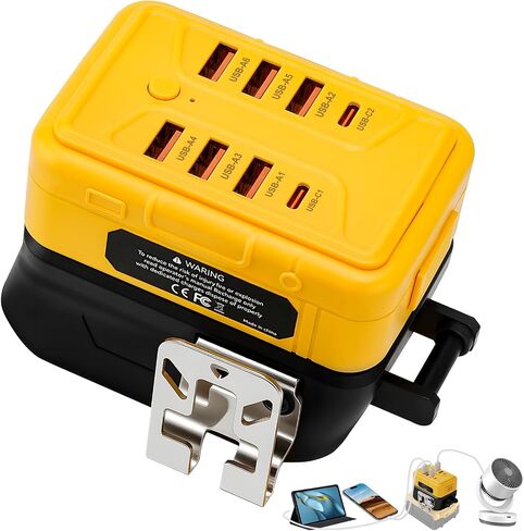 Portable USB Charger Adapter for Dewalt 20V Battery, Power Converter with 8 Ports USB-A & Type-C for Workshop Camping Travel Job Site (Battery Not Included in Saudi Arabia