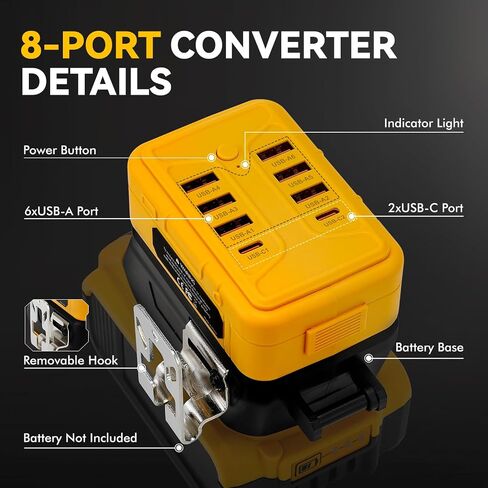 Portable USB Charger Adapter for Dewalt 20V Battery, Power Converter with 8 Ports USB-A & Type-C for Workshop Camping Travel Job Site (Battery Not Included in Saudi Arabia