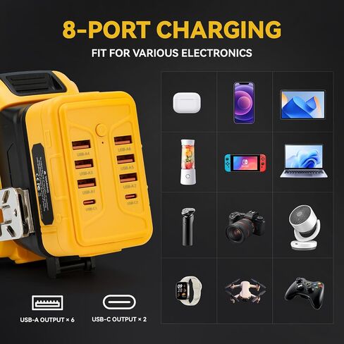 Portable USB Charger Adapter for Dewalt 20V Battery, Power Converter with 8 Ports USB-A & Type-C for Workshop Camping Travel Job Site (Battery Not Included in Saudi Arabia