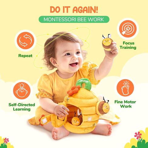 JoyCat Baby Toy for 6-12 Months, Fun Beehive with 5 Stuffed Sensory Bees, Crinkle, Rattle, Mirror, Montessori Toys for 6 Months Old Babies, Infant Toys Baby Shower Birthday Gift in Saudi Arabia