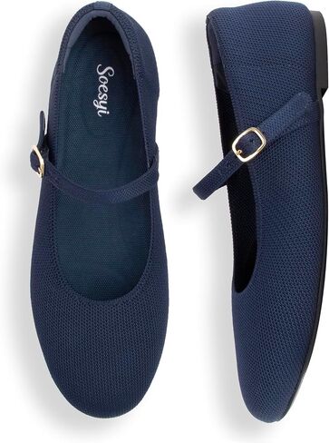 Soesyi Women's Round Toe Ballet Flats Comfortable Mary Jane Shoes Dressy Slip On Knit Flats Adjustable Straps Washable Flats in Saudi Arabia