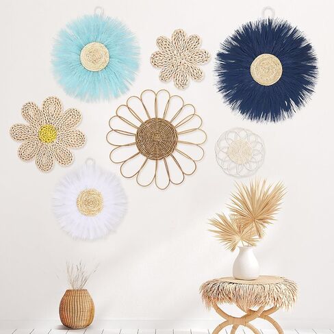 Chunful 7 Pcs Boho Wall Basket Decor Rattan Flower Wall Decor Nursery Daisy Flower Woven Macrame Hanging Flowers for Baby Kids Girls Farmhouse Bedrooms Living Rooms Kitchen Home(Light Beige Yellow) in Saudi Arabia