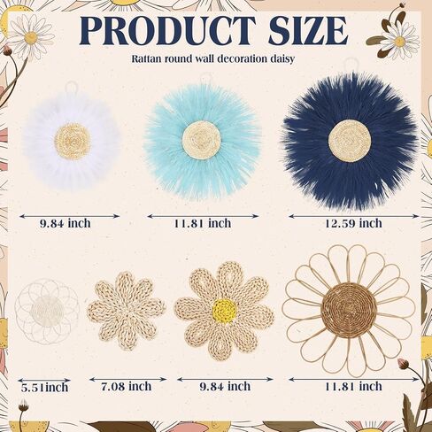 Chunful 7 Pcs Boho Wall Basket Decor Rattan Flower Wall Decor Nursery Daisy Flower Woven Macrame Hanging Flowers for Baby Kids Girls Farmhouse Bedrooms Living Rooms Kitchen Home(Light Beige Yellow) in Saudi Arabia