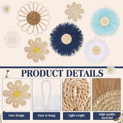 Chunful 7 Pcs Boho Wall Basket Decor Rattan Flower Wall Decor Nursery Daisy Flower Woven Macrame Hanging Flowers for Baby Kids Girls Farmhouse Bedrooms Living Rooms Kitchen Home(Light Beige Yellow) in Saudi Arabia
