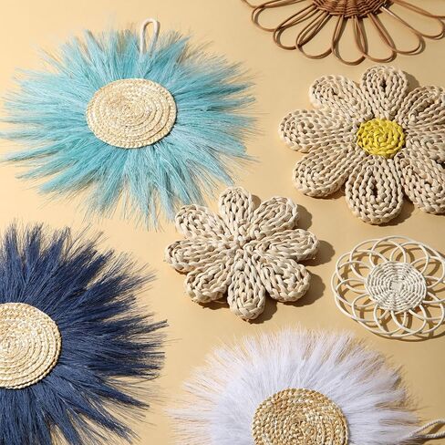 Chunful 7 Pcs Boho Wall Basket Decor Rattan Flower Wall Decor Nursery Daisy Flower Woven Macrame Hanging Flowers for Baby Kids Girls Farmhouse Bedrooms Living Rooms Kitchen Home(Light Beige Yellow) in Saudi Arabia