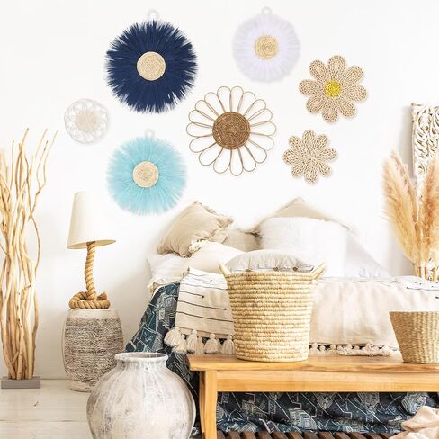 Chunful 7 Pcs Boho Wall Basket Decor Rattan Flower Wall Decor Nursery Daisy Flower Woven Macrame Hanging Flowers for Baby Kids Girls Farmhouse Bedrooms Living Rooms Kitchen Home(Light Beige Yellow) in Saudi Arabia