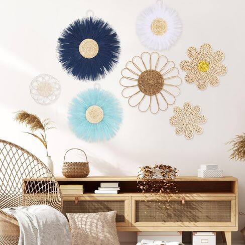 Chunful 7 Pcs Boho Wall Basket Decor Rattan Flower Wall Decor Nursery Daisy Flower Woven Macrame Hanging Flowers for Baby Kids Girls Farmhouse Bedrooms Living Rooms Kitchen Home(Light Beige Yellow) in Saudi Arabia