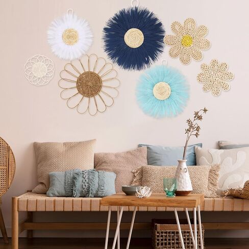 Chunful 7 Pcs Boho Wall Basket Decor Rattan Flower Wall Decor Nursery Daisy Flower Woven Macrame Hanging Flowers for Baby Kids Girls Farmhouse Bedrooms Living Rooms Kitchen Home(Light Beige Yellow) in Saudi Arabia