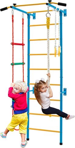Costzon 7 in 1 Climbing Toys for Toddlers, Indoor Kids Gym for Exercise, Steel Ladder Wall Set with Wall Ladder, Pull-up Bar, Rope, Gymnastic Rings, Solid Wall Set up, Climber Ladder Boys Girls Gift in Saudi Arabia