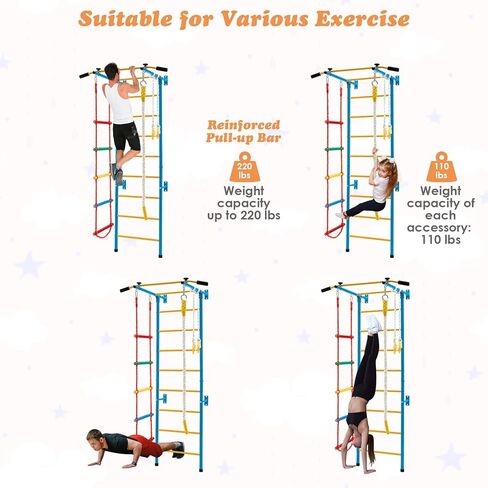 Costzon 7 in 1 Climbing Toys for Toddlers, Indoor Kids Gym for Exercise, Steel Ladder Wall Set with Wall Ladder, Pull-up Bar, Rope, Gymnastic Rings, Solid Wall Set up, Climber Ladder Boys Girls Gift in Saudi Arabia