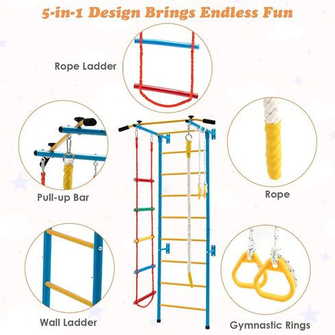 Costzon 7 in 1 Climbing Toys for Toddlers, Indoor Kids Gym for Exercise, Steel Ladder Wall Set with Wall Ladder, Pull-up Bar, Rope, Gymnastic Rings, Solid Wall Set up, Climber Ladder Boys Girls Gift in Saudi Arabia