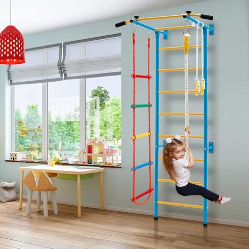 Costzon 7 in 1 Climbing Toys for Toddlers, Indoor Kids Gym for Exercise, Steel Ladder Wall Set with Wall Ladder, Pull-up Bar, Rope, Gymnastic Rings, Solid Wall Set up, Climber Ladder Boys Girls Gift in Saudi Arabia