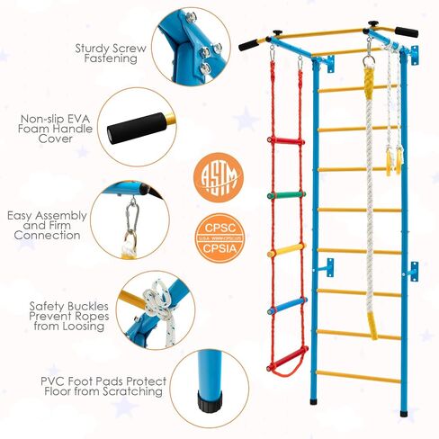 Costzon 7 in 1 Climbing Toys for Toddlers, Indoor Kids Gym for Exercise, Steel Ladder Wall Set with Wall Ladder, Pull-up Bar, Rope, Gymnastic Rings, Solid Wall Set up, Climber Ladder Boys Girls Gift in Saudi Arabia