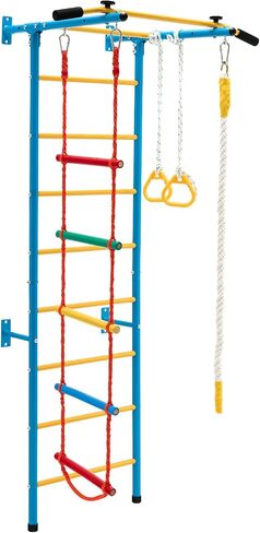 Costzon 7 in 1 Climbing Toys for Toddlers, Indoor Kids Gym for Exercise, Steel Ladder Wall Set with Wall Ladder, Pull-up Bar, Rope, Gymnastic Rings, Solid Wall Set up, Climber Ladder Boys Girls Gift in Saudi Arabia