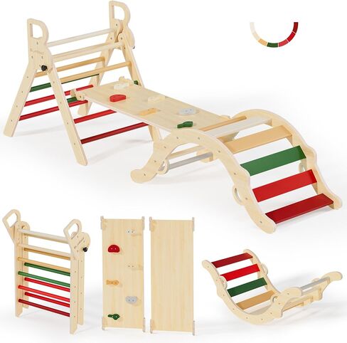 BlueWood Pikler Triangle Set, Toddler Wooden Climbing Toys Indoor 7in1 Foldable Climber for Kids, Montessori Philosophy Play Jungle Gym with Arch, Ramp, Ladder (Colorful Spring) in Kuwait