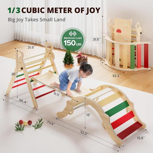 BlueWood Pikler Triangle Set, Toddler Wooden Climbing Toys Indoor 7in1 Foldable Climber for Kids, Montessori Philosophy Play Jungle Gym with Arch, Ramp, Ladder (Colorful Spring) in Kuwait