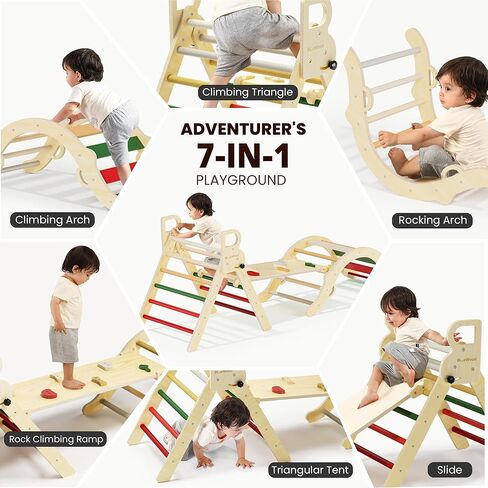 BlueWood Pikler Triangle Set, Toddler Wooden Climbing Toys Indoor 7in1 Foldable Climber for Kids, Montessori Philosophy Play Jungle Gym with Arch, Ramp, Ladder (Colorful Spring) in Kuwait